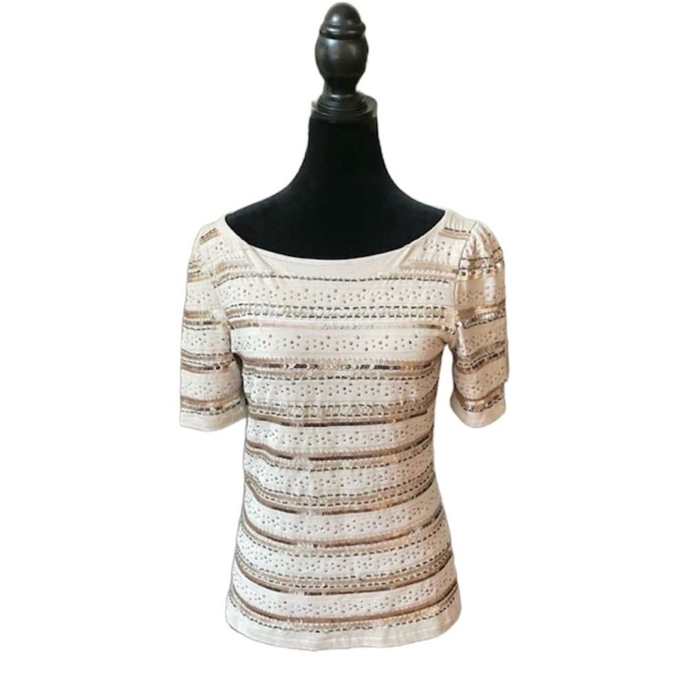 ⚡️Cole Daniel EUC Beaded Blouse Cream Light Brown Embellished Zipper Down Back